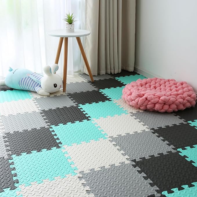 Foam Play Mat for Baby, 0.4 Inch Thick Foam Interlocking Floor Mats, Soft Non-Toxic Baby Playmat, Solid Colored Puzzle Play Mat Kids Floor Mats, 16 Tiles, Black/White/Gray/Tender Green