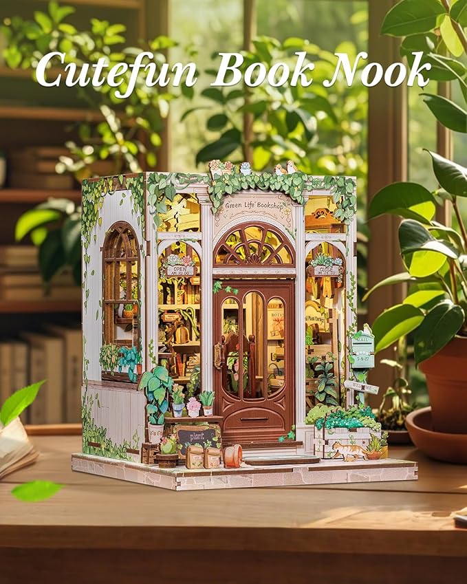 Cutefun Book Nook Kit - DIY Miniature Dollhouse Booknook Kit for Adults and Teens, Tiny House Bookshelf Insert Decor with LED Light, Gifts for Family and Friends (Green Life Bookshop)