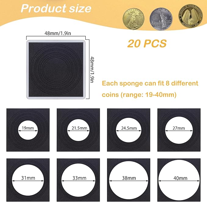 20 Pcs Clear Coin Collection Holders with Sponges 43mm Coin Capsules Morgan Silver Dollar Coin Snap Holder Protectors for Collectors (8 Adjustable Diameters: 19/21.5/24.5/27/31/33/38/40mm) (20)