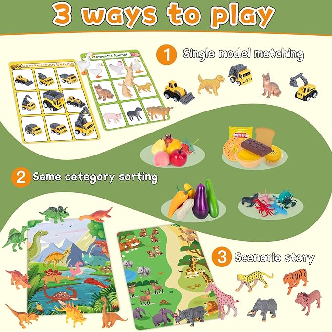 Sorting Toy for Toddlers, Preschool Learning Activities, Animals Dinosaurs Fishes Farm Vehicles Fruits Vegetables Foods Playset, Fine Motor Montessori Games Gifts for Kids 3+