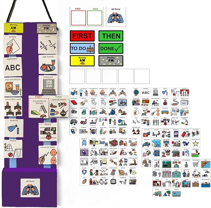 Two Strip Night & Day Daily Schedule Great Visual Behavioral Tool for Structure at Home, School & in The Community. (Purple Magnetic -2 Strips, 133 Icon Plastic Cards)