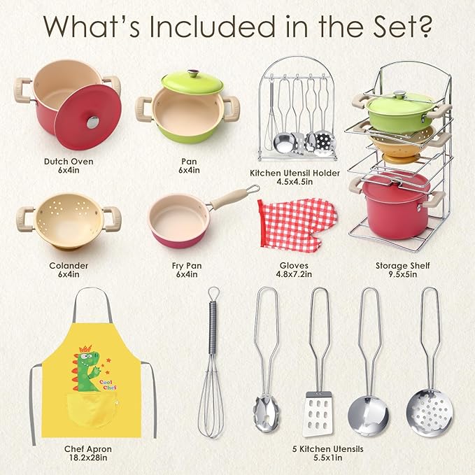 Golray Play Kitchen Accessories, Kids Kitchen Playset Pretend Cookware Including Pots and Pans Set, Cooking Utensils, Organizer, Condiments, Apron & Gloves, Birthday Gifts for Girls Boys Toddlers
