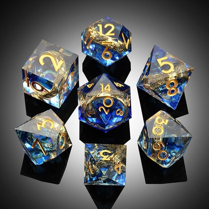 Magic Golden Ring DND Set DNDND Swirl Sharp Edge D&D Dice Set with Gift Case for Dungeins and Dragons Role Playing Game (Blue)
