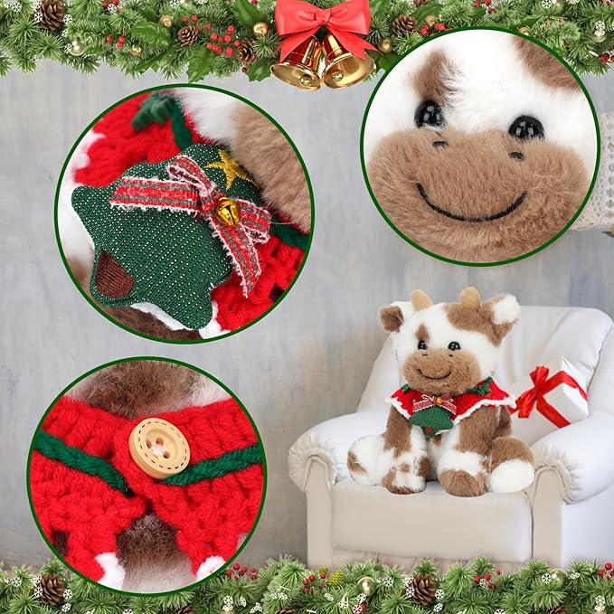 Hopearl Adorable Christmas Plush Cow Toy Floppy Dairy Cattle Soft Stuffed Animal Cute Xmas Gifts for Boys Girls Kids Toddlers, Light Brown, 9''