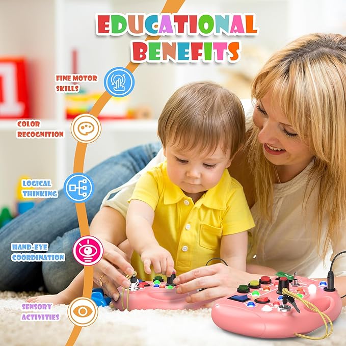 Montessori Busy Board, Busy Board with LED Light for Toddlers 2-4 Year Old, Baby Sensory Board Toddler Travel Toys for Kids My Preschool Busy Book Boy and Girls Birthday Gifts (Pink)