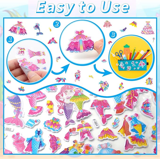 36 Sheets Mermaid Stickers for Kids - 900+ 3D Puffy Stickers Ocean Theme | Sea Animals, Shells, Mermaids | Reusable, Waterproof | Crafts, Scrapbooking, Gifts