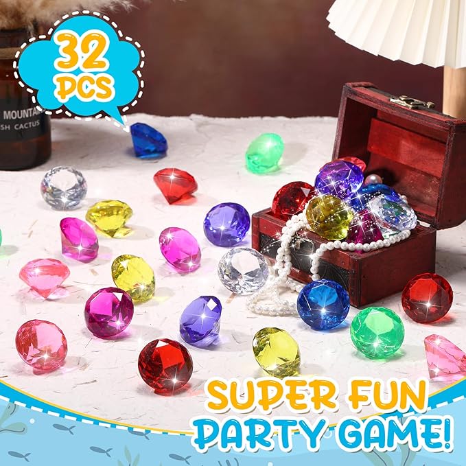 Zomiboo 32 Pcs Acrylic Diamond Large Gems Pirate Round Treasure Toy Gems Treasure Round Gemstones Acrylic Diamond Shaped Gemstones for Home Table Vase Fillers Party Decor (Multicolor)