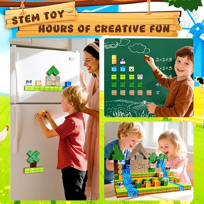 Magnetic Blocks Building Toys for Kids: Magnetic Blocks for Kids Ages 3-4, 8-12, 1" Magnet Cubes STEM Toys for Boys & Girls,Christmas Birthday Gifts for Toddler Ages 3+, 48PCS Blocks Farm Theme