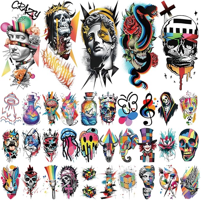 47 PCS Pop Art Hippie Temporary Tattoos Adult Kids 17 PCS Large Half Arm Fake Tattoos, 30 PCS Waterproof Tiny Stickers Gifts Party Favor Supplies