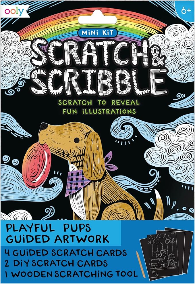 Ooly Mini Scratch & Scribble Art Kit - 6 Card Rainbow Scratch Art Set Gifts for Kids, Travel-Friendly Craft Kit, Scratching Tool Included - Playful Pups