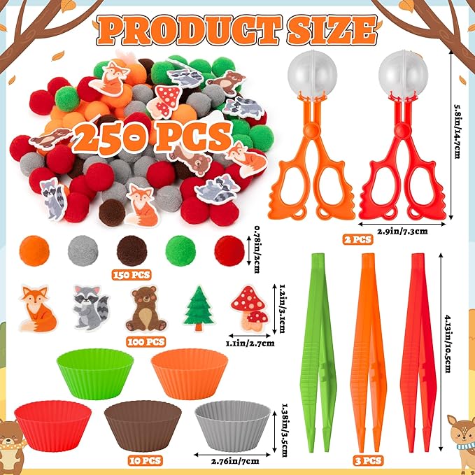 EZdhuawuse Woodland Animals Sensory Bin Fillers - 266Pcs Fall Animals Fine Motor Toys Sorting Stacking Toys for Kids, Felt Fox Bear Pom Poms Cup Clip for Preschool Education Early Development Activity