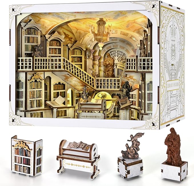 DIY Book Nook Kit, Miniature Dollhouse Booknook Kit, 3D Wooden Puzzle Bookend Bookshelf Insert with LED Light for Teens and Adults(Library of Gods Max)