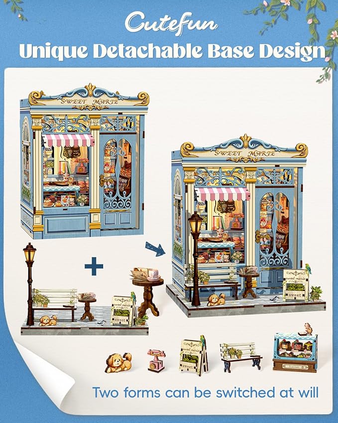 Cutefun Book Nook Kit - DIY Miniature House Kit for Adults and Teens, 3D Wooden Puzzle Mini House Building Kit with LED, Dollhouse Kit Bookshelf Insert Decor Creative Gifts (Sweet Marie)