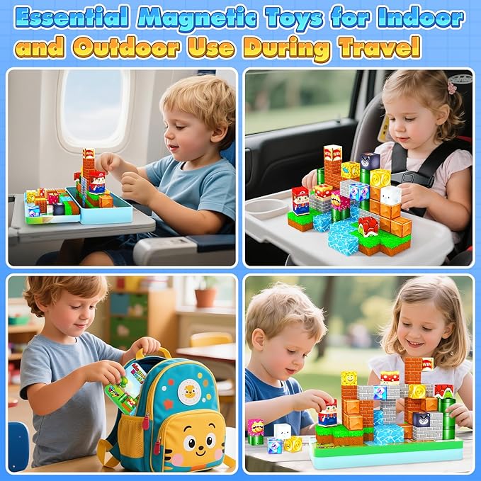 Mini Magnetic Blocks Toddler Travel Essentials Toys with Case Set, Kids Games Montessori Preschool Education Sensory Toys for 3-8 Year Old Boys Girls Christmas Birthday Gifts