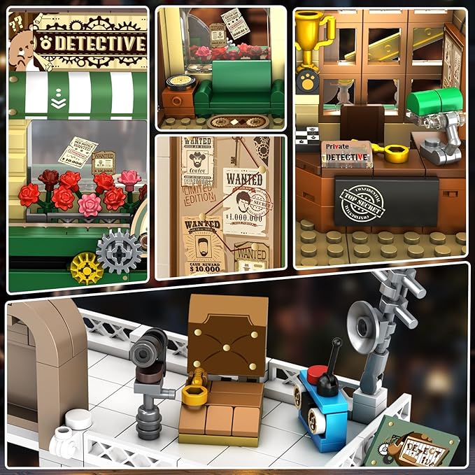 Detective Agency Building Set with LED Light, 1231PCS Detective House Building Block Toy with Clue Wall, Office Construction Model for Easter Mother's Day for Adults Teens Kids Boys Girls 10+