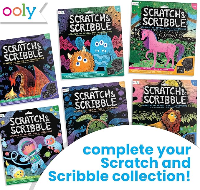Ooly Scratch & Scribble 10pc Art Kit with 8 Total Scratch Cards (4 Illustrated, 2 Blank, 2 Rainbow) with Scratching Tool and Sparkled Stickers, Art Set Gifts for Kids - Princess Garden