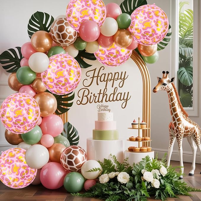 6Pcs 22 Inch Pink Leopard Print Foil Balloons, Large Metallic Round Animal Print Balloons for Jungle Safari Theme Birthday Party Decorations