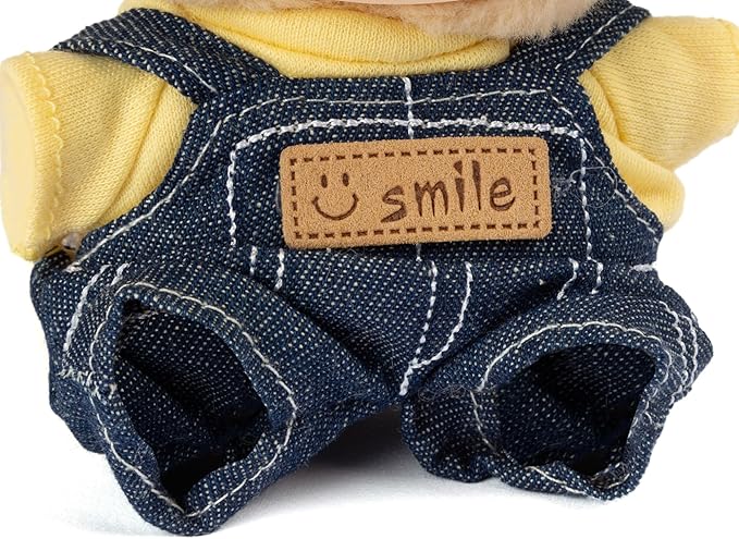 17cm Doll Clothes for Labubu - Kawaii Chic Style Set for 17cm Dolls, Cute Doll Outfit with Accessories - Denim Romper + Yellow T-Shirt + Heart Shaped Blue Hat (Clothes Only)