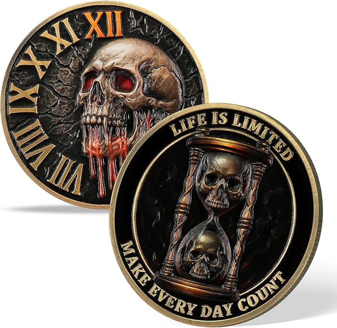 AtSKnSK Memento Mori Coin Momento Mori Coin Skull Coin Stoic Gifts Memento Mori Calendar Living Memento Mori Amor Fati Coin (Crack Time Warning)