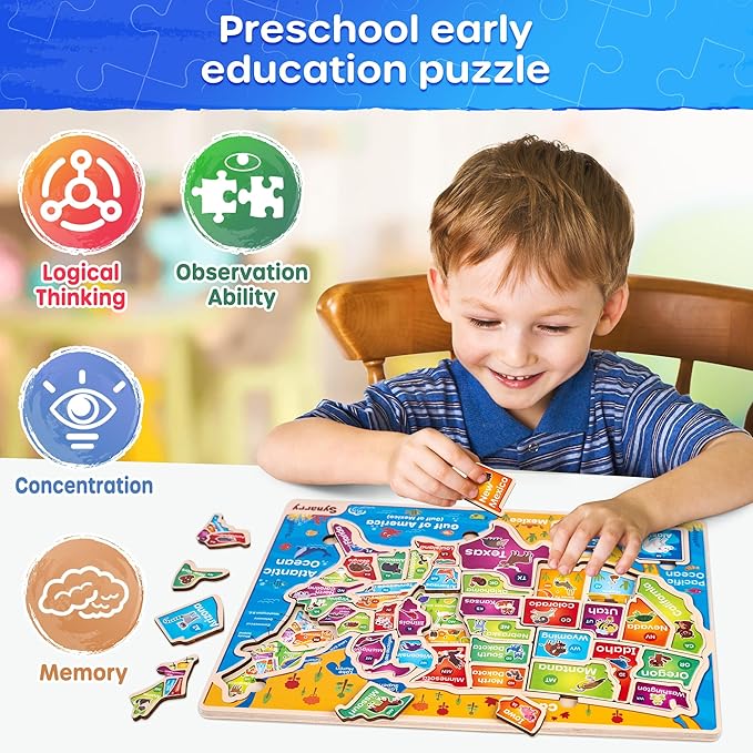 SYNARRY Large USA Wooden Puzzles for Kids Ages 3-5, Learning United States Map Puzles for Kids Ages 4-6, Wood Jigsaw Puzzles Educational Games Toys Gifts for Boys Girls Ages 3-8