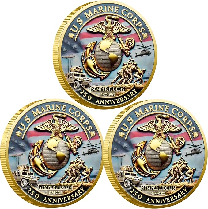 USMC 250th Anniversary Challenge Coin (1.57 Inch) – Double-Sided Collectible Military Coin for Veterans, Active Duty & Marine Corps Enthusiasts (3PCS)