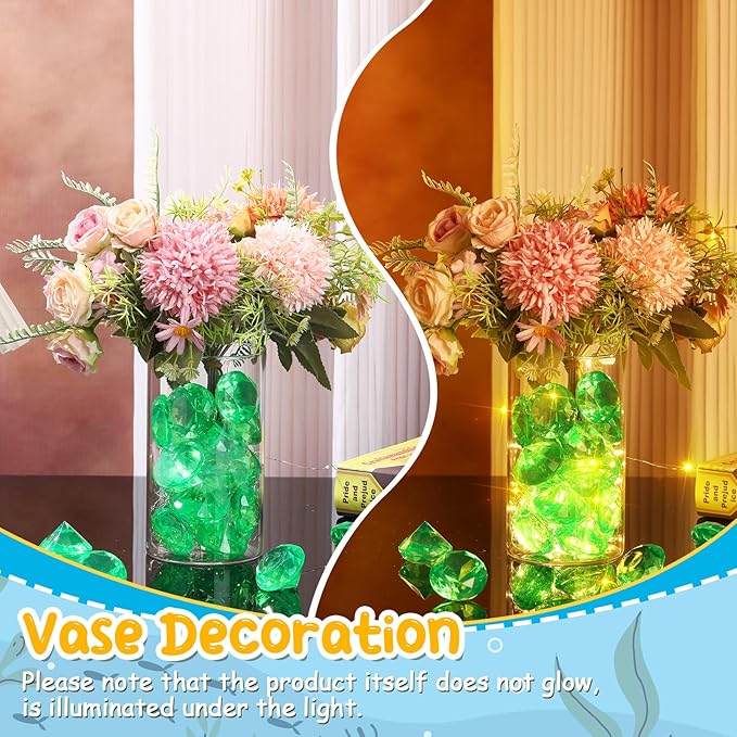 Zomiboo 16 Pcs Acrylic Diamond Large Gems Pirate Round Treasure Toy Gems Treasure Round Gemstones Acrylic Diamond Shaped Gemstones for Home Table Vase Fillers Party Decor (Green)