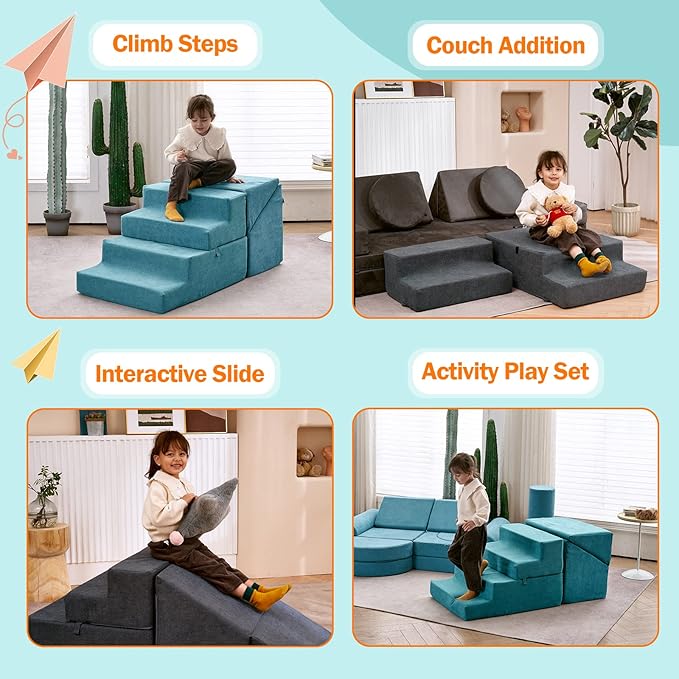 jela Toddlers Climbing Toys Indoor, Toddler Indoor Playset, Safe Soft Foam Climbing Blocks with Slide Stairs, Climbing Toys for Toddlers Luxury Miss Fabric, Soft Couch Slide (Lightblue)