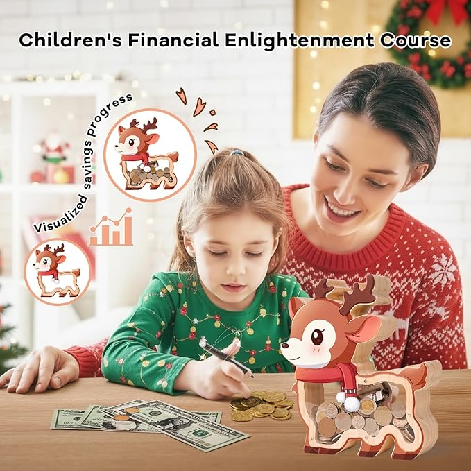 Wooden Reindeer Piggy Bank for Kids, Christmas Deer Money Bank for Boys Girls Toddler, Unbreakable Kids Money Box with Letter Sticker, Large Saving Coin Jar for Xmas Home Holiday Décor
