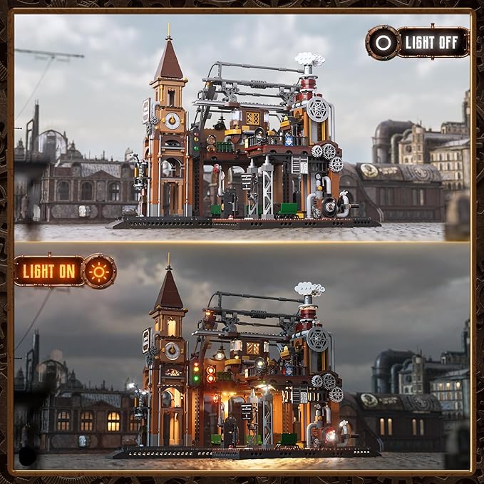 FUNWHOLE Train-Station Lighting Building Bricks Set - Steampunk LED Light Building Set 1843 Pieces for Adults and Teens