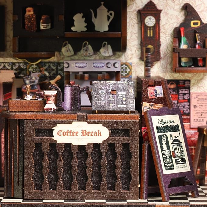 DIY Book Nook Kit, Miniature Dollhouse Bookshelf Insert with Light, Laser-Cut Wooden Craft Set for Adults, Perfect for Teens and Adults, Coffee Shop