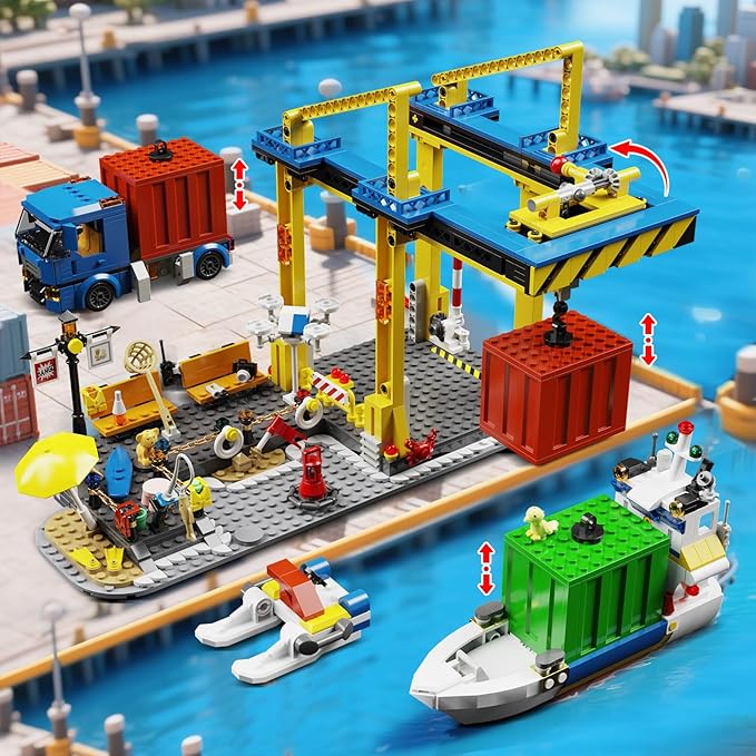 City Seaside Harbor Building Set Compatible with Lego Cargo Ship Boat Toy, Container Crane and Truck, Construction Toy for for Adults Teens Kids Girls Boys 6+