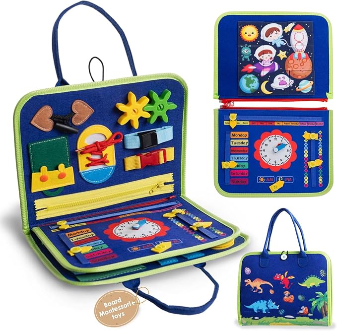 Busy Board Montessori Sensory Toy Travel Educational Book Kids 2 3 4 Years Toddler Fine Motor Skills Preschool Activities Clock Buckle Zipper Buttons Learning Gift Portable Carry Case