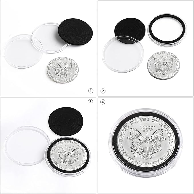 SPLF 32pcs Clear Plastic Coin Capsules, Coin Holder for Collectors, Coin Collection Case with Adjustable Gasket (20/25/30/35/40.6/46mm) for Silver Eagle Liberty Coin & JFK Half Dollar & Bitcoin More