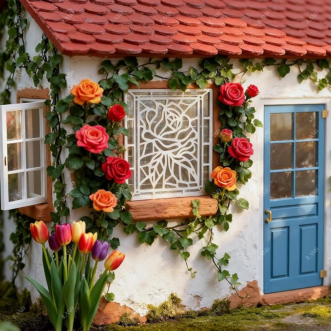 iLAND 1/12 Scale Accessories of Dollhouse Windows, Wooden DIY Dollhouse Building Supplies, Complete Miniature Windows Kit w/Wooden Frame & Grid Pattern PVC Film