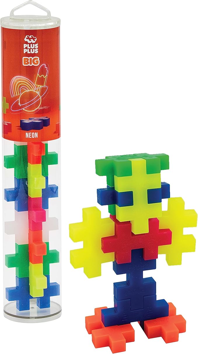 PLUS PLUS - Big – Open Play Tube – 15 Piece Neon Color Mix – Construction Building STEM – Interlocking Large Puzzle Blocks for Toddlers and Preschool