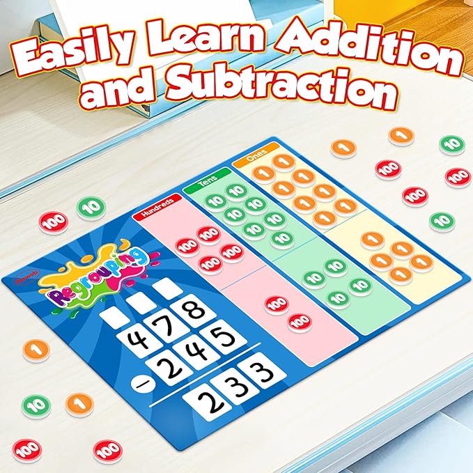 Aizweb Regrouping Base Ten Place Value,Addition and Subtraction Math Manipulatives,Magnetic Dry Erase Board for 1st 2nd 3rd Grade Student Classroom Must Haves,Math Games for Kids Homeschool Supplies