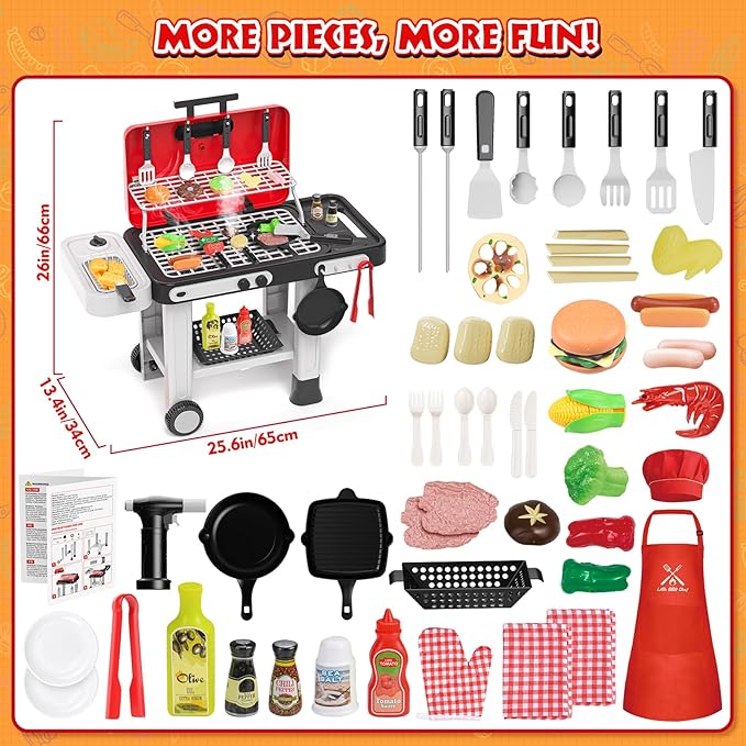86PCS Kids Play Kitchen Toys: 2025 Kids Grill Playset with Smoke, Sound, Light, UV&Water Color-Changing Play Food, Pretend Kids Kitchen Playset, Interactive BBQ Outdoor Toys, Birthday Gift for Toddler