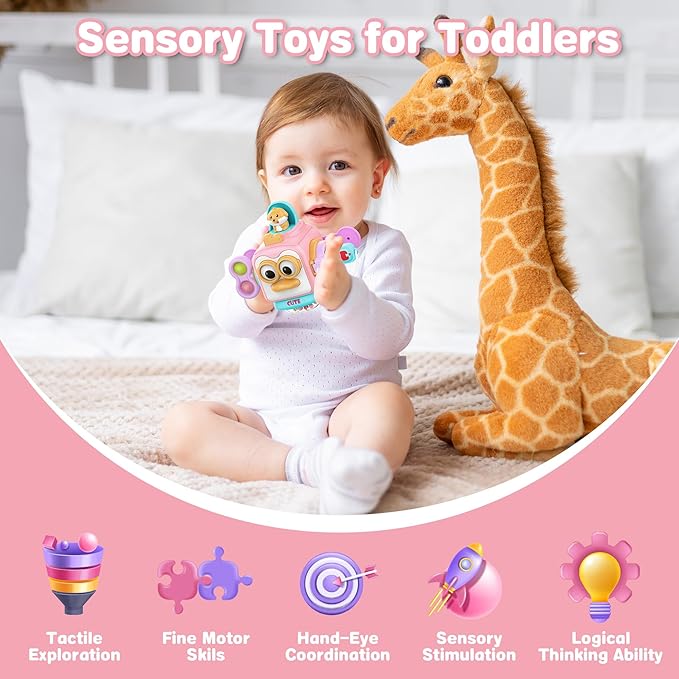 Montessori Toys For 1 Year Old Girl Gifts，Travel Activities Busy Board Cube Montessori Toys For 1 Year Old ，Sensory Toy For One Year Old Girl Birthday Gifts，Learning Fine Motor Skills Baby Toy