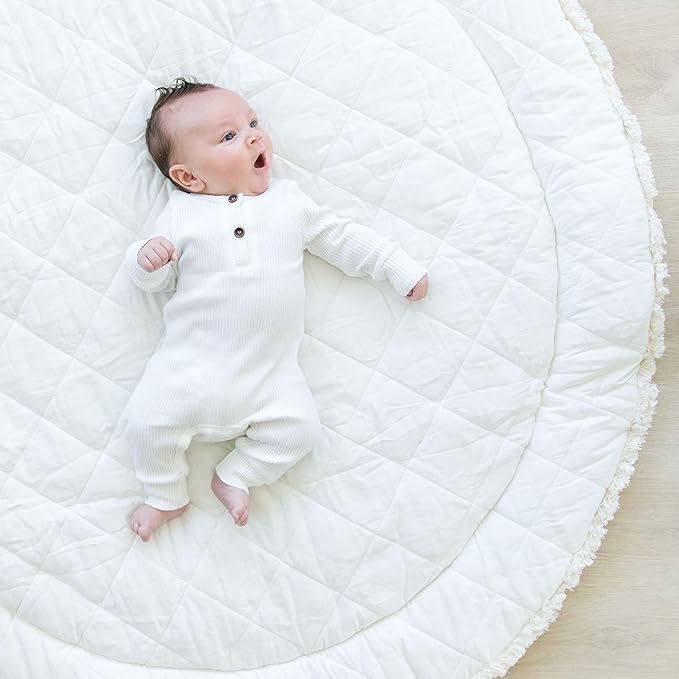 MakeMake Organics Organic Play Mat GOTS Certified Organic Cotton Nursery Floor Rug Washable Reversible Non Toxic Activity Mat Tummy Time Crawling Pad Thick Quilted (Round 48",Blue Stripes,Solid Ivory)