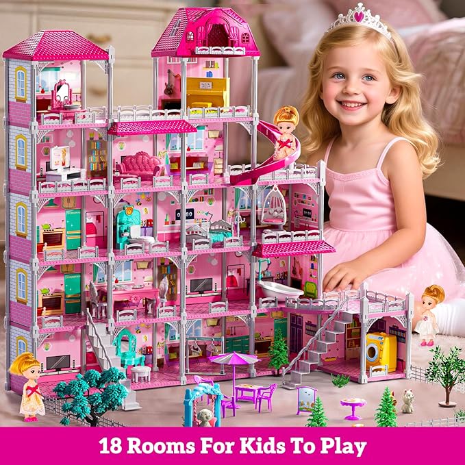Villa Playset for Girls Ages 3-7, Indoor Playset Girls Toys for Ages 6-8 with 4 Storeys 18 Rooms 4 Dolls, Furniture and Accessories, Pretend Toddler Toy, Birthday Gifts for Kids 3 4 5 6 7 8