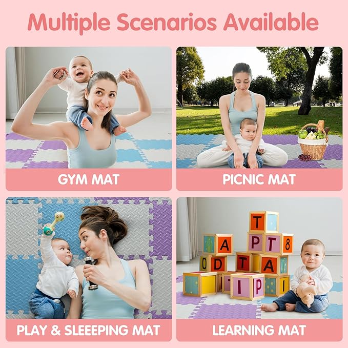 Play Mat for Babies 0-6 Months, Solid Colored Foam Floor Mat, Eva Non-Toxic Foam Puzzle Floor Mats, 0.4" Thick Square Kids Playmat丨47x47 Play Mat for Playpen (White/Purple/Light Blue)