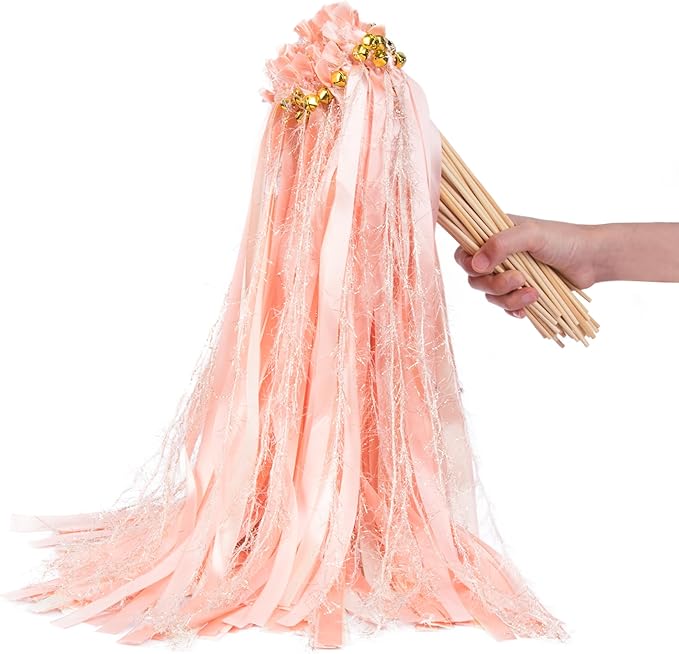 100 Pieces Wedding Ribbon Sticks Wands with Bell, Pink Champagne Ribbon Streamer Silk Fairy Wand for Wedding Send Off Idea, Bridal Shower and Ceremony Exit Event