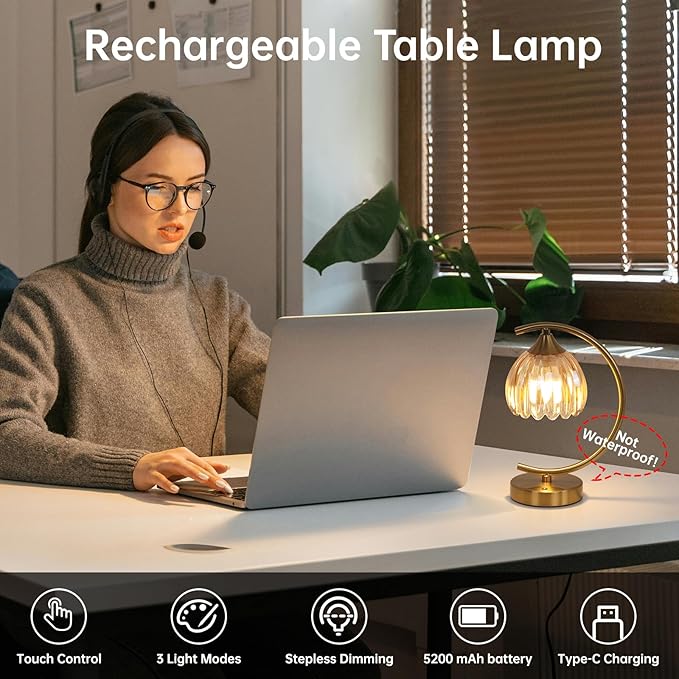 Cordless Table Lamp with 5200mAh Battery & Touch Control - 3 Adjustable Color Temperatures Bulb, Rechargeable Small Table Lamps for Living Room, Bedroom, Office Desk, Nightstand (Amber Tulip)