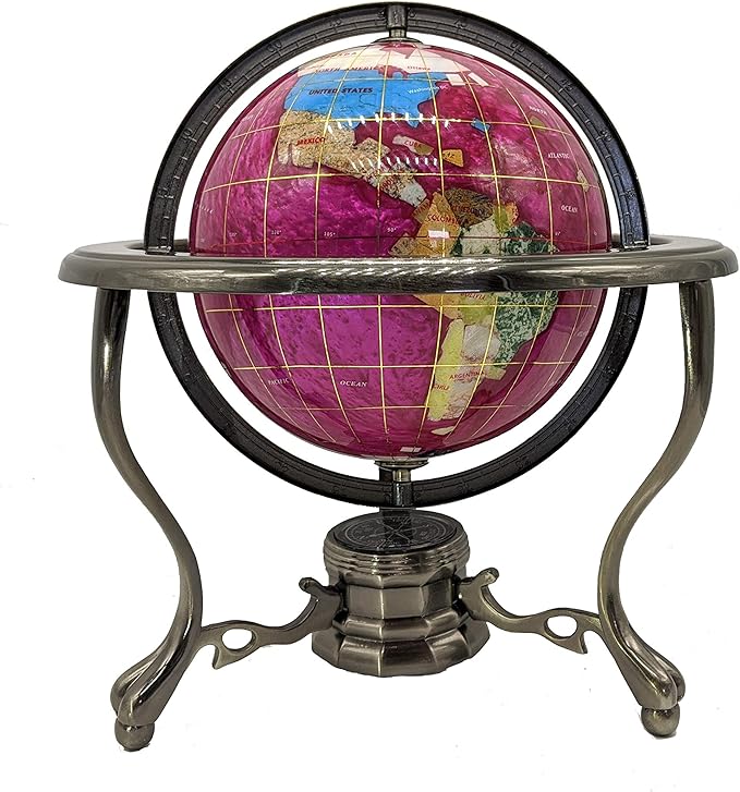 Unique Art 10-Inch Tall Table Top Pink Pearl Swirl Ocean Gemstone World Globe with Silver Tripod Stand (PINK TRIPOD SILVER)