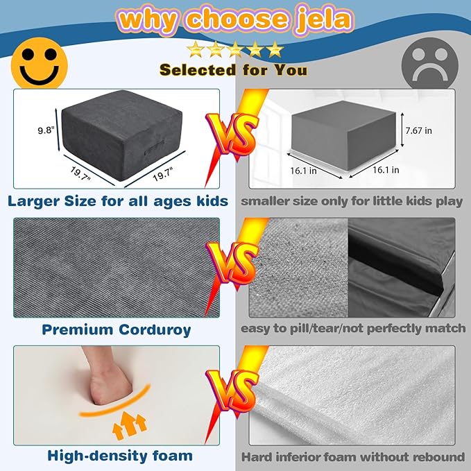 jela Kids Foam Climbing Blocks 6Pcs Soft Play Equipment Luxury Corduroy Fabric, Toddler Climbing Playset Indoor Soft Play Climbing for Toddlers, Lightweight Climbing Blocks for Babies (Darkgrey)