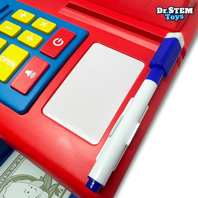 Dr. STEM Toys Solar Powered Calculator Pretend Cash Register with Play Money – 67-Piece Set for Learning Math Skills, STEM Cash Register for Kids, Red