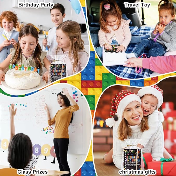 Pasimy 24 Set Scratch Art Party Favor Gifts for Kid Building Block Scratch Notebook Bulk Paper Craft for Girl Boy Classroom Prizes Goodie Bag Stuffer Christmas Birthday Party Favor