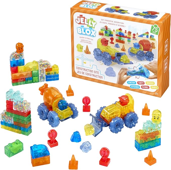 Jelly Blox Construction Site Set | Includes 75 Pieces | Toddler & Preschool Building Blocks Kids Can Squeeze, Stretch, Squish | Safety Tested & Ouch-Free | Tactile, Sensory Play Toy for Ages 2+