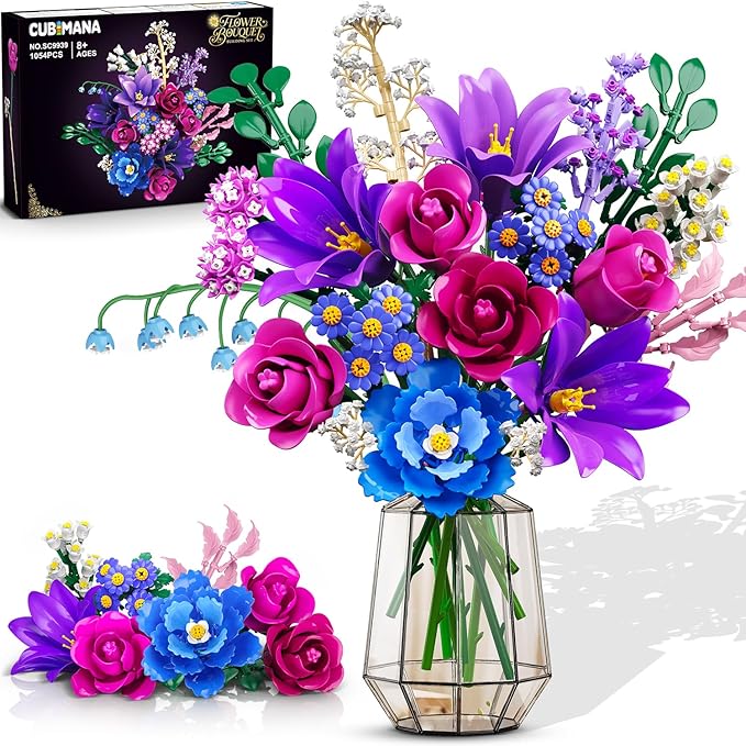 Flowers Bouquet Building Set with LED Light, 21 Flower Botanical Collection Building Block Toy, Rose Lily Plants Home Office Decor 1054PCS, for Her Adults Women Kids Girls 12+ (Purple)