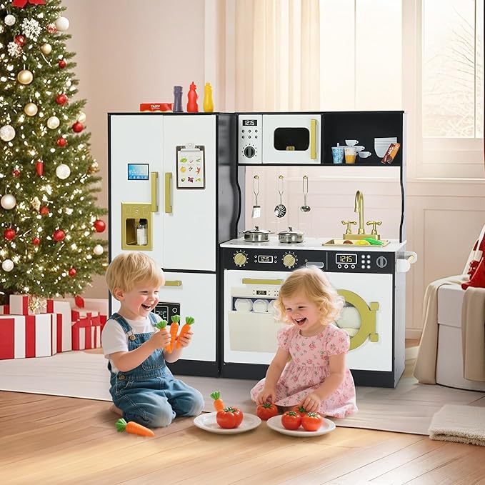 Play Kitchen Sets for Kids, Pretend Wooden Kids Kitchen Playset, Interactive Toy Kitchen with Freezer, Washing Machine, Ice Maker & Large Storage Space, for Boys Girls Ages 3+, Black